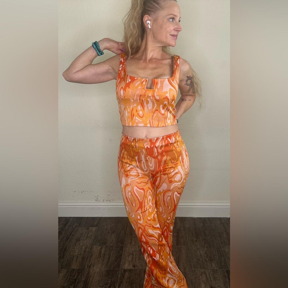 Zara Orange and White Swirl Pant Suit